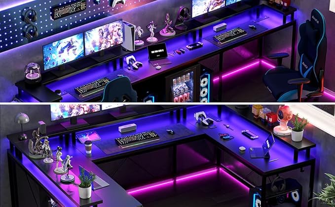 GAOMON 79 Inch u Shaped Desk with Power Outlets LED Strip &amp Monitor Stand Large Corner Computer Desk with Monitor Stand &amp with Storage Shelves for Home Office