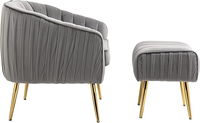 Velvet Accent Chair with Ottoman Modern Tufted Barrel Chair Ottoman Set for Living Room Bedroom Golden ed Grey
