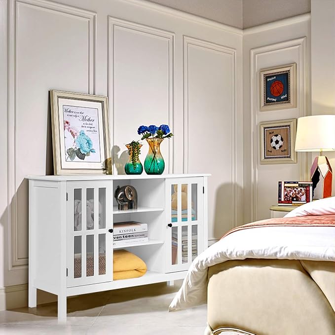 Tangkula White TV Stand Modern Tall Entertainment Center for TVs up to 50 Media Console w/2 Storage Cabinets &amp 3 Open Shelves Wire Hole Wood TV Console Table for Living Room White