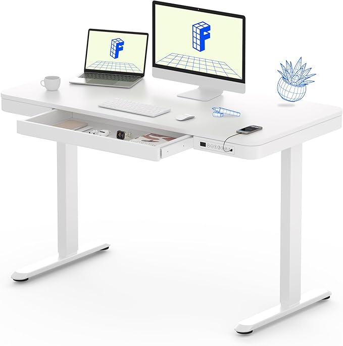 FLEXISPOT Comhar Electric Standing Desk with Drawers Charging USB A to C Port Height Adjustable 48 Whole-Piece Home Office Computer Laptop Table with Storage (White Top + Frame)
