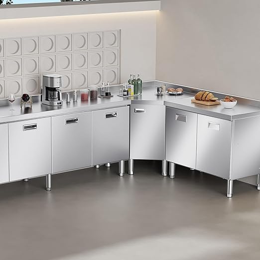 ZZV 55 x 21 Stainless Steel Table Cabinet for Prep &amp Work Heavy Duty Prep Table with 3 Pull-Out Doors Commercial Workbench with Cabinet for Kitchen Restaurant Hotel Garage and Warehouse