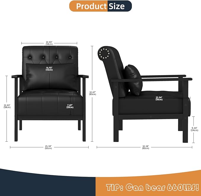 AODAILIHB Black Accent Chair Mid Century Modern Living Room Chairs Armchairs Waiting Room Chairs Small Accent Chair Comfy Leather Side Chair for Living Room Office with Pillow (1 Black)
