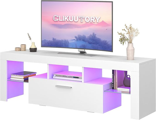 Clikuutory Modern Lighting 51 inch TV Stand with Large Storage Drawer for 32 40 50 55 Inch TVs TV Console with 20 Color LED Lights Entertainment Center Media and Open Shelf for Bedroom White