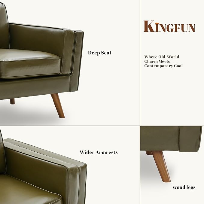 Kingfun Modern Accent Chair Living Room Chairs Faux Leather Reading Armchair Mid Century with Dual-Layer Armrests Solid Wood Frame Easy Assembly for Small Spaces Olive Green