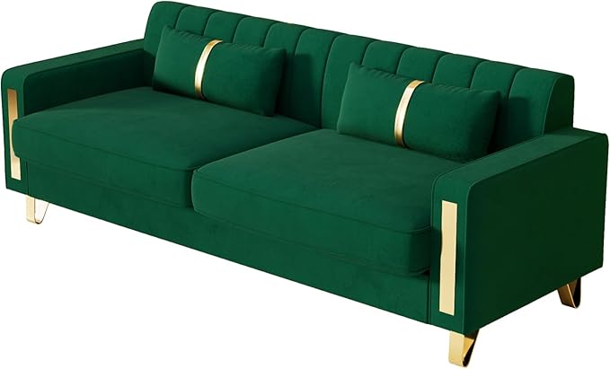 85.63 Modern Green Velvet Sofa with Gold Metal Legs Large Upholstered Comfy 3 Seater Couches for Living Room Bedroom Office (Green)