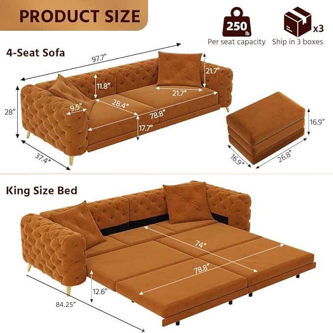 97.7'' Velvet Pull Out Sofa Bed King with Ottoman 3-in-1 Convertible Sleeper Sofa Couch Modern Tufted Deep Seat Couch with Pillows Comfy Couches for Living Room Orange