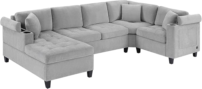 Modern U-Shaped Sectional Sofa 115.7 Corner Sectional Living Room Couch Oversized Sectional with Built-in Cup Holders Storage Space and USB Ports for Living Room (Light Grey-X22)