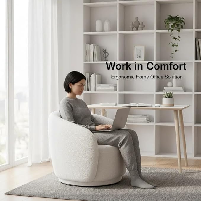 Boucle Swivel Barrel Chair Swivel Accent Chair 360° Base Oversized Round Chair with Thick Foam No-Assembly Single Sofa Chair for Living Room &amp Bedroom Modern White Boucle Accent Chair