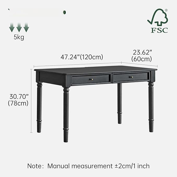 Solid Wood Computer Desk with Double Drawers Black Vintage Rubber Wood Writing Desk for Home Office 47.2