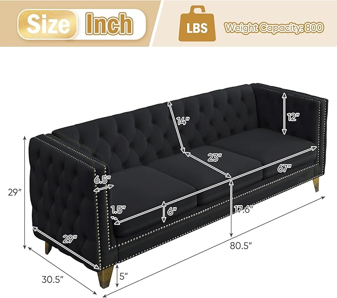 Velvet Living Room Sofa Set of 2 Comfy Loveseat and 3 Seater Couch Modern Sofa with Tufted Back and Rivet Decoration Upholstered Long Couch with Solid Golden Metal Tapered Legs Black
