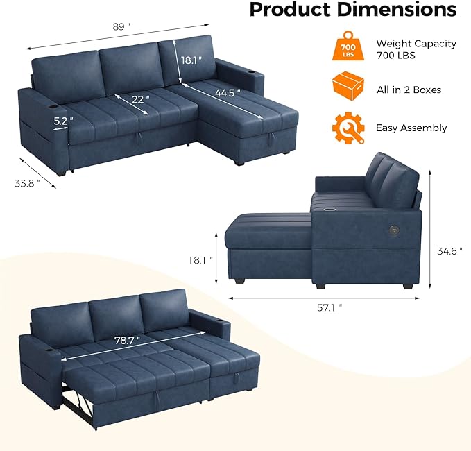 Fadware 89” L Shape Sofa Sleeper Sectional Sofa Bed with Hidden Storage&amp Side Pocket Anti-scratch Faux Leather Couch Bed with ChargePort&amp CupHolder Modern Piano Design Pull Out Couch for Li