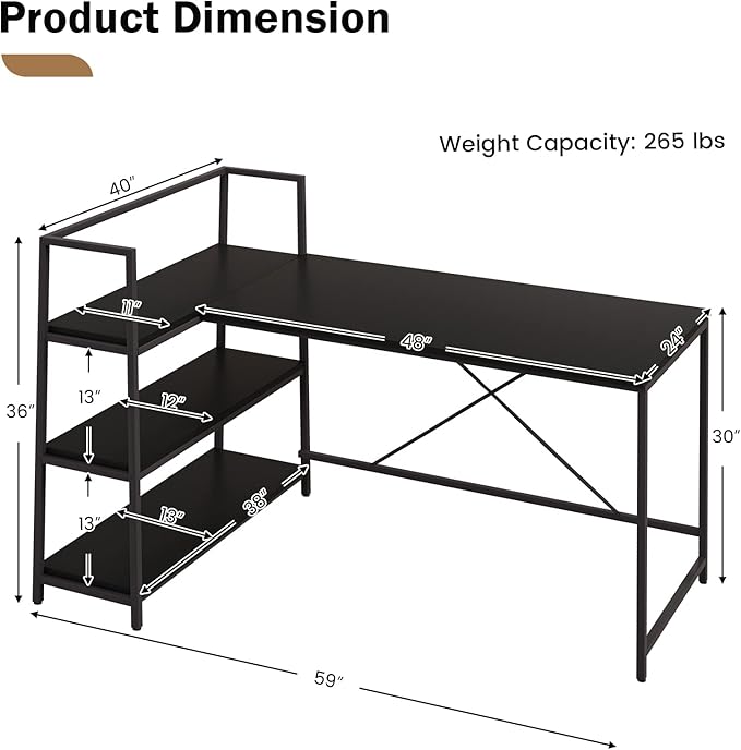 COSTWAY 59 Inch L-Shaped Computer Desk Large Reversible Corner Desk with Open Storage Shelves Space-Saving Writing Study Table PC Laptop Gaming Desk for Home Office (Black)