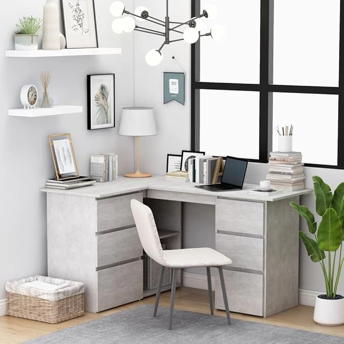L-Shaped Writing Desk Corner Computer Desk with Drawer and Shelves 57.1in Study Table Workstation for Home Office Multipurpose PC Laptop Table Work Table Office Desk (Concrete Gray)