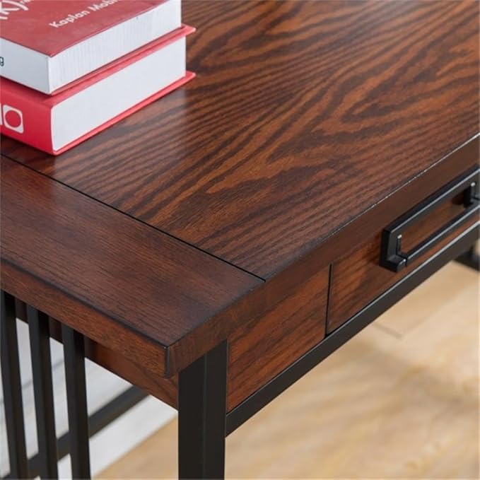 BOWERY HILL Computer Desk 46 in x 22 in x 30 in Mission Oak Finish Hardwood Solids and Oak Veneers Matte Black Steel Base Drop Front Drawer Home Office Writing Desk