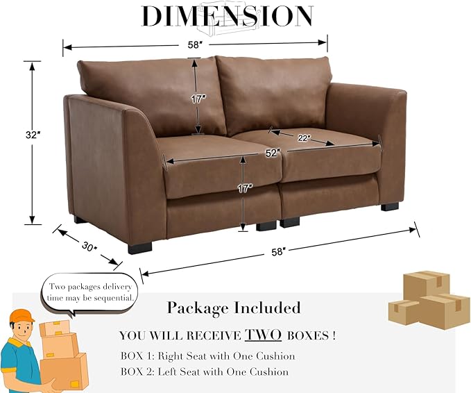 CIMOTA 60 Cloud Couch Modular Loveseat Sofa Faux Leather 2-Seater Couches with Deep Seats &amp Wood Frame Modern Sectional Sofa for Small Spaces/Apartment/Office PU Brown
