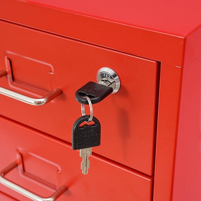 6-Drawer Metal File Cabinet Mobile File Cabinet with Lock Rolling Vertical Filing Drawers Under Desk for Home Office 11 * 16 * 27in (Red)