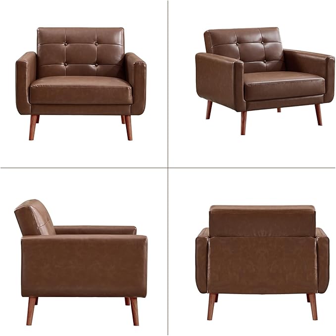 CANMOV 29 W Oversized Leather Accent Chair Set of 2 Mid Century Modern Accent Chairs Armchair Button Back for Living Room Modern Upholstered Bedroom Chair Cozy Armchair with Wood Legs Brown