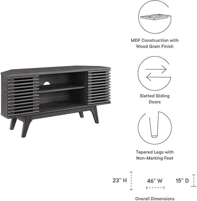 Modway Render Mid-Century Modern Low Profile 46 Corner Media TV Stand in Charcoal