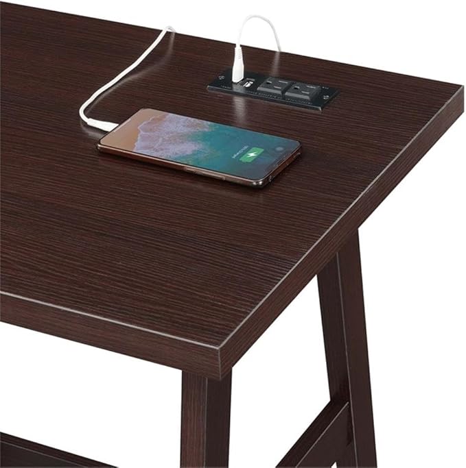Pemberly Row Trestle Desk Espresso Wood Finish 47 in x 20 in x 29.25 in Charging Station with USB Ports 2 Fixed Shelves Contemporary Style Home Office Desk for Work or Study