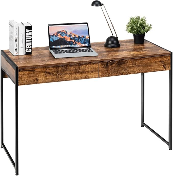 ERGOMASTER Home Office Desk with Drawers Black Modern Wood Desk Laptop Writing Computer Room Work Table for Bedrooms (44 Rustic)