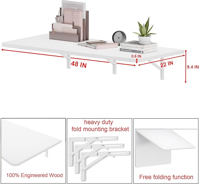 IAE 48 x 22 Floating Foldable DeskWall-Mounted Folding Computer Table with Engineered WoodStudy Table with Shelf BracketsFold Down ShelfFold Computer Desk for Small SpacesHolds 500 lbWhite
