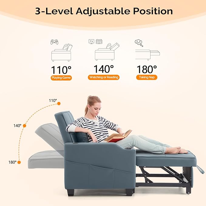 VINGLI 3-in-1 Convertible Sofa Bed Recliner with Adjustable Backrest USB Ports Cup Holders for Small Spaces Living Room