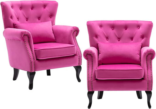 chairus Mid-Century Modern Accent Chairs Set of 2 Comfy Tufted Single Sofa Chair Wingback Armchair with Pillow for Club Living Room Bedroom - Velvet Rose
