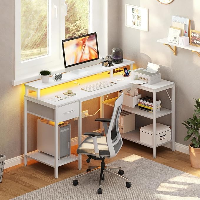 Alpen Gaming Desk 47 Inch L Shaped Desk with LED Lights Charging Ports Corner Desk Reversible Gamer Computer Desk with Shelves Drawer Monitor Stand for Home Office White