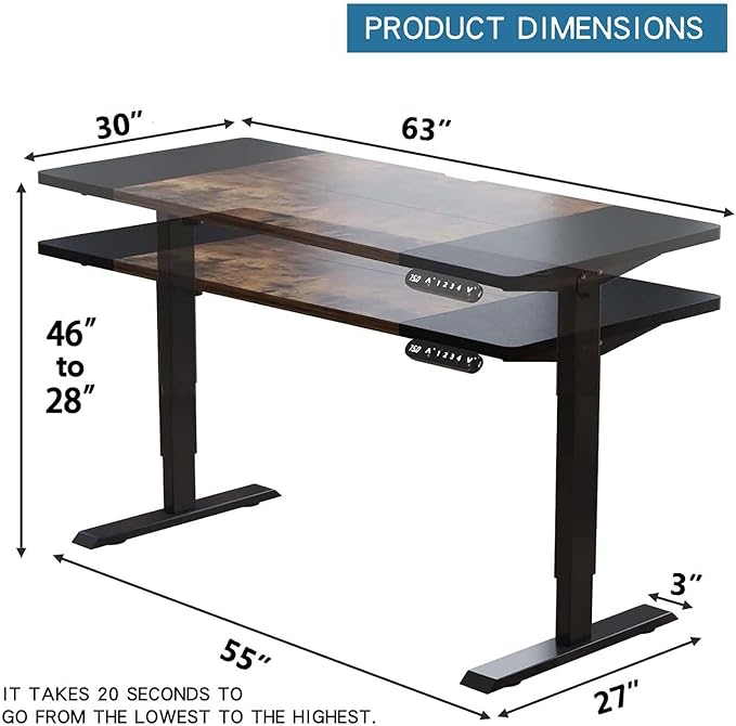 63 Electric Standing Desk Adjustable Height Seated Stand up Computer Desks for Work Office Home Ergonomic Lift-up Gaming Tables with Wheels &amp Splice Board &amp USB Charging Port (Rustic Brown/