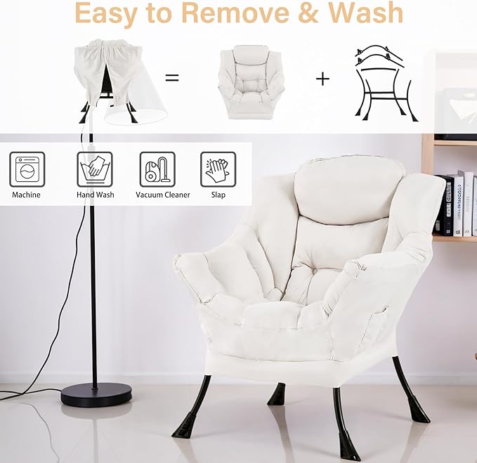 Lazy Chair for Living Room Modern Accent Chairs with Armrests Beige Armchairs with Side Pocket Cozy Lazy Sofa for Reading Balcony Bedroom Dorm Small Spaces