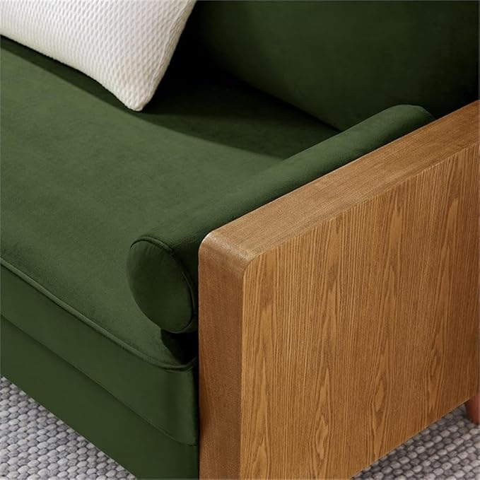 MAKLAINE Contemporary Vegan Leather Upholstered Loveseat Walnut Moss Green Finish Wood Veneer Armrests High-Density Foam Down Blend Cushions Tapered Wood Legs Mid Century Style for Living Room