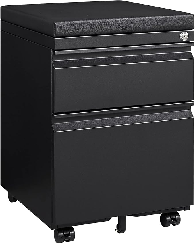 Mobile File Cabinet 2-Drawer Pedestal with Lock for Storage Use for Home Office and Business EnterpriseLegal/Letter Size Blackwith 5 Wheelswith Leather Cushion