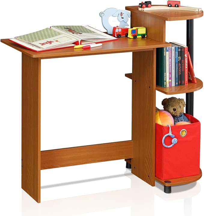 Furinno Compact Computer Desk with Shelves Round Side Light Cherry/Black