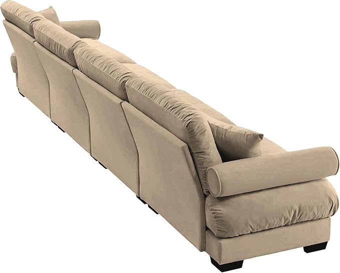 166 Oversized Modular Sectional Sofa 4-Seater Cloud Couch with Pillows Deep Seat Velvet Modular Sectional Sofa with Overstuffed Cushions for Living Room Home Theater Apartment Camel