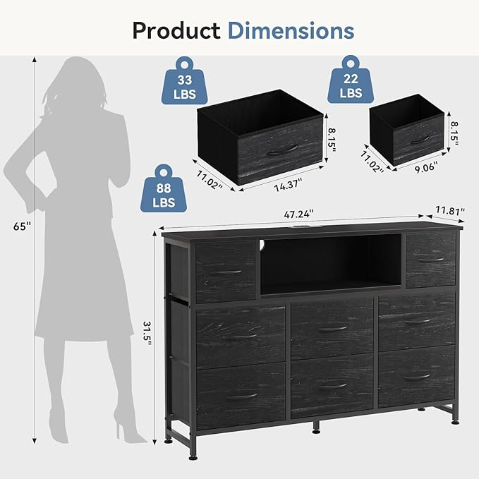 DUMOS TV Stand Dresser with 8 Fabric Drawers and Open Shelves LED Entertainment Center with Charging Station Wood Top Media Console for 45-55 inch Bedroom Woodgrain Black