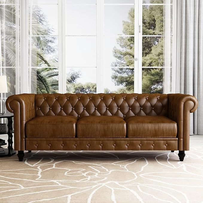 WILLIAMSPACE 88.2 Chesterfield Sofa Couch for Living Room 3 Seater Couches Upholstered Tufted PU Sectional Sofa for Office Apartment - Brown