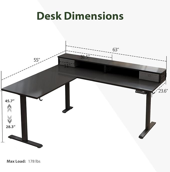 Agilestic L Shaped Electric Standing Desk with 2 Drawers 63 Inch Ergonomic Adjustable Height Desk with Storage Corner Desk Sit Stand up Computer Table for Work Office Home Black