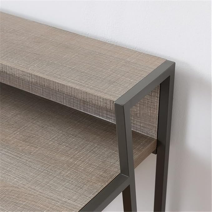 Pemberly Row Writing Desk 44 L x 23.75 W x 36.25 H HPL Worksurface Roughsawn Oak and Gunmetal Finish MDF Shelf with Cable Management Contemporary Style Home Office Desk with Upper Storage
