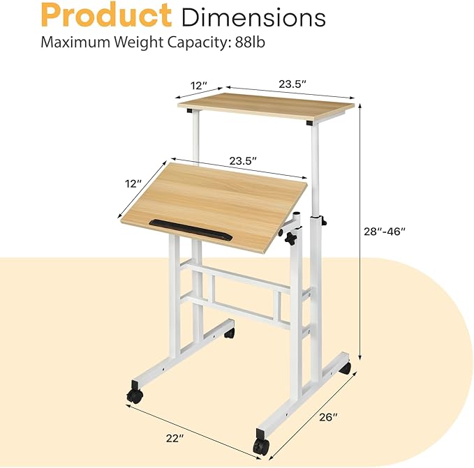 Small Standing Desk Adjustable Height and Angle Computer Laptop Desk Home Office Sit Standup Desk Portable Rolling Desk with Wheels 2 Platforms Natural