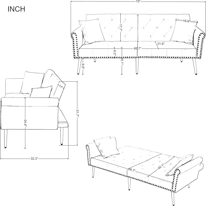 Modern Velvet 2 in 1 Sofa Bed FutonConvertible Folding Sleeper Couch Bed with 2 Pillows &amp Golden Metal Legs73 Tufted Recliner Loveseat for Living Room Apartment Office (Beige)