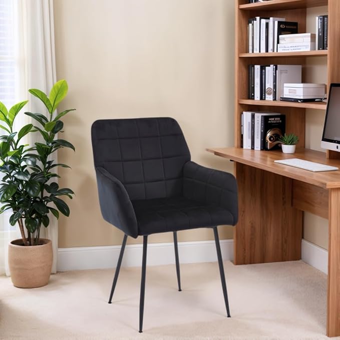Black Velvet Modern Living Room Chair Set of 1 upholstered Kitchen Chair with Black Metal Cross Legs Tufted Side Chair with arms and high Back