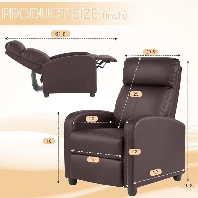 Recliner Chair Breathable Padded PU Leather Massage Single Sofa Recliners for Small Recliner Chair with Footrest Home Theater Seating for Bedroom Living RoomBrown