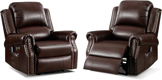 Classic Power Recliner Chair Set of 2 with Massage and Heat Breathable Faux Leather Electric Recliner with USB Port Overstuffed Reclining Sofa with Rivets for Living Room Caramel Brown