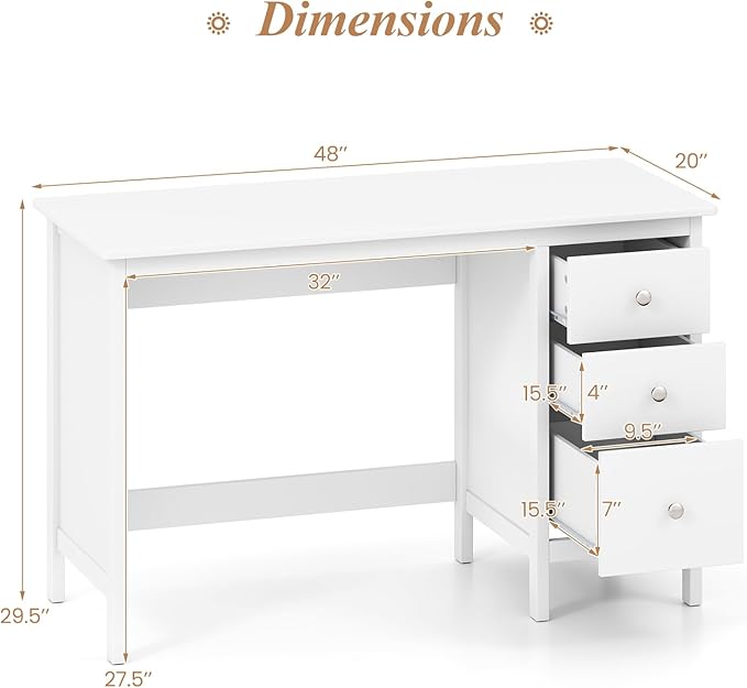 Giantex White Desk with Drawers 48 Inch Home Office Desk with Anti-Toppling Device Multifunctional Computer Workstation Wood Study Writing Desk for Small Spaces Bedroom