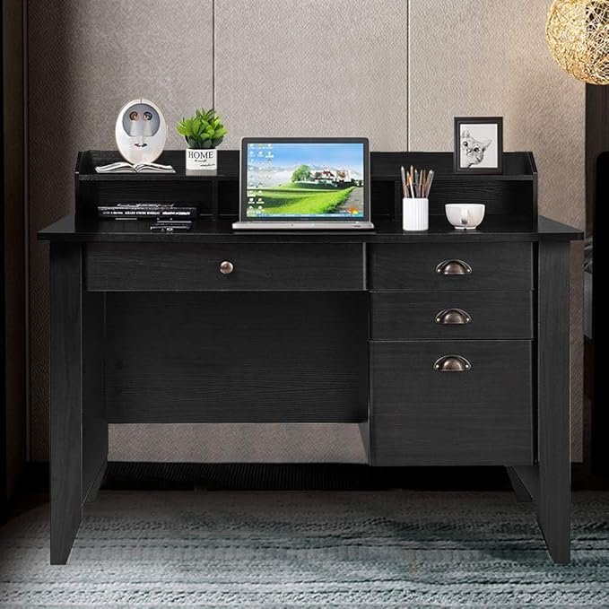 Safeplus 48 Computer Desk with 4 Storage Drawers and Hutch Wood Executive Table for PC Laptop