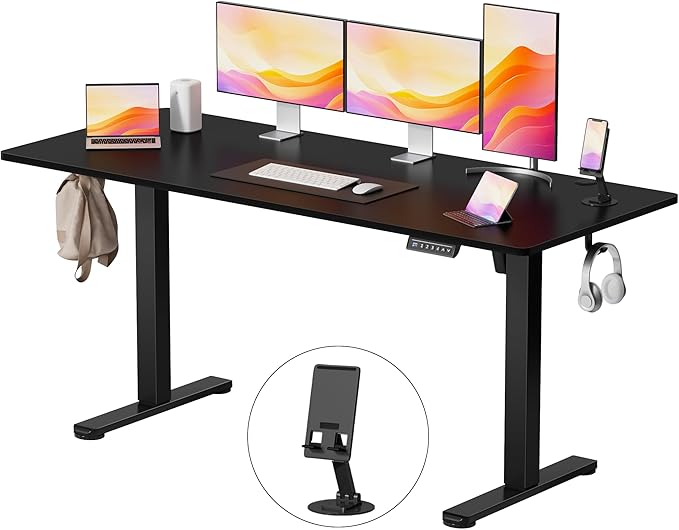 YESHOMY Height Adjustable Electric Standing Desk 63 x 24 Inches Memory Home Office Sit Stand up Desk with Phone Holder and USB Charging Port Black