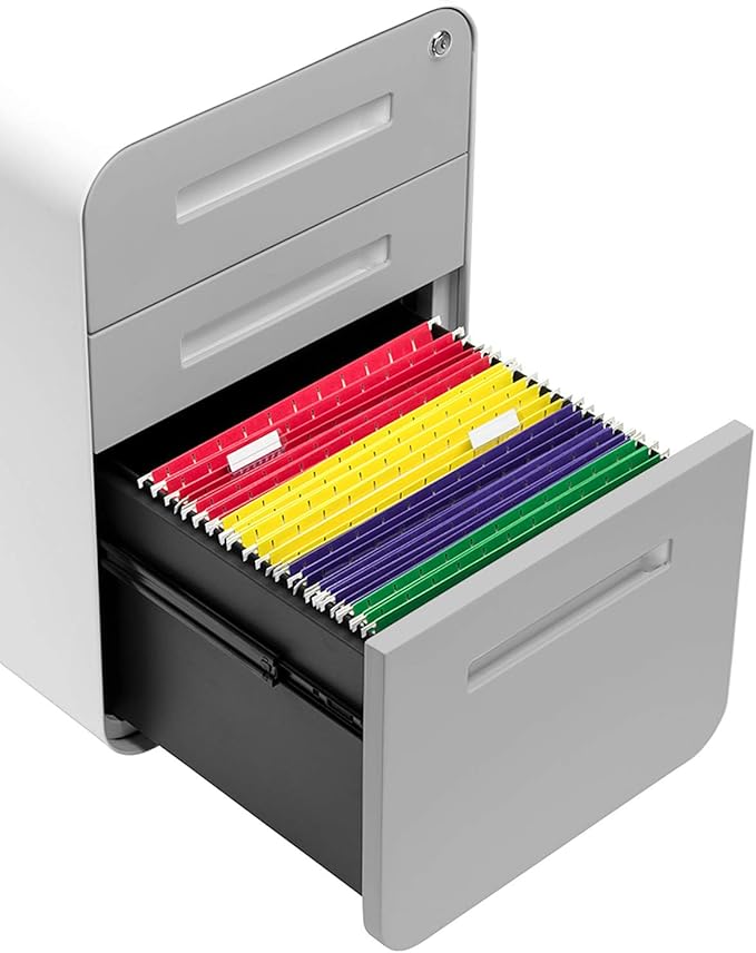 Laura Davidson Furniture Stockpile 3 Drawer File Cabinet with Lock - Under Office Desk Metal Filing Cabinet Legal/Letter File Folders Wheels and Stationary Feet Pre-Assembled Light Grey Faceplate