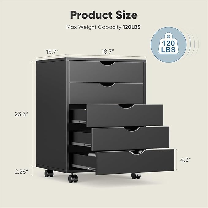 Mobile File Cabinet 5 Drawer Mobile File Cabinet Under Desk Storage Organization with Wheels Vertical Filing Chest Rolling Wood Small Printer