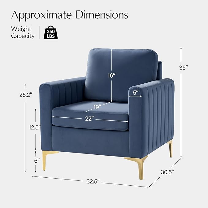 Modern Upholstered Velvet Accent Chair Velvet Armchair Club Chair with Gold Metal Legs Mid-Century Barrel Leisure Comfy Reading Chair for Livingroom Bedroom Slate Blue