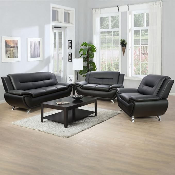 Lounge Comfy Faux Leather Sofa Modern Couch for Small Living Room/Dorm/Bedroom/Office/Apartment for Small Spaces (Black-2 Single Seat)